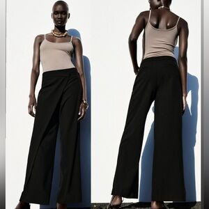 Zara black wide leg pants hight front wrap waist size M NWOT